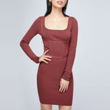 Women Spring Dress Waist Knitted Dress Sweater Slim Fit Square Collar Sexy Hip Strap Woolen Skirt