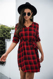 Gingham Dress Autumn and Winter Plaid Shirt Lace-up V-neck Long-Sleeve Dress