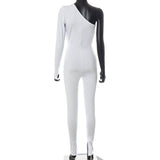 Autumn Solid Color Irregular Diagonal Collar Long Sleeve Tight Casual Trousers Jumpsuit