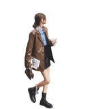 Cute Leather Jacket Brown Leather Suit Jacket for Women Spring and Autumn Loose Retro