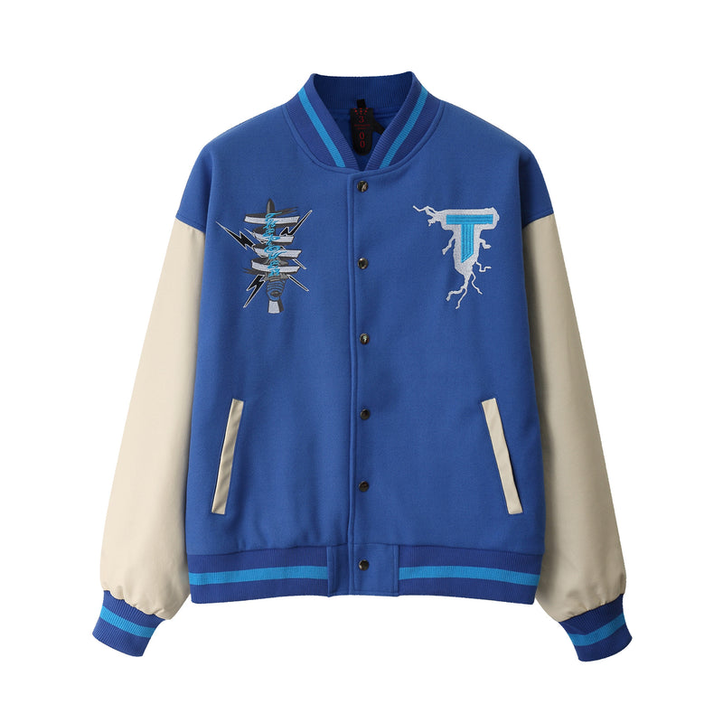 Baby Blue Varsity Jacket Embroidery Stitching PU Leather Hip Hop Loose Jacket