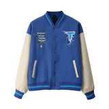 Baby Blue Varsity Jacket Embroidery Stitching PU Leather Hip Hop Loose Jacket