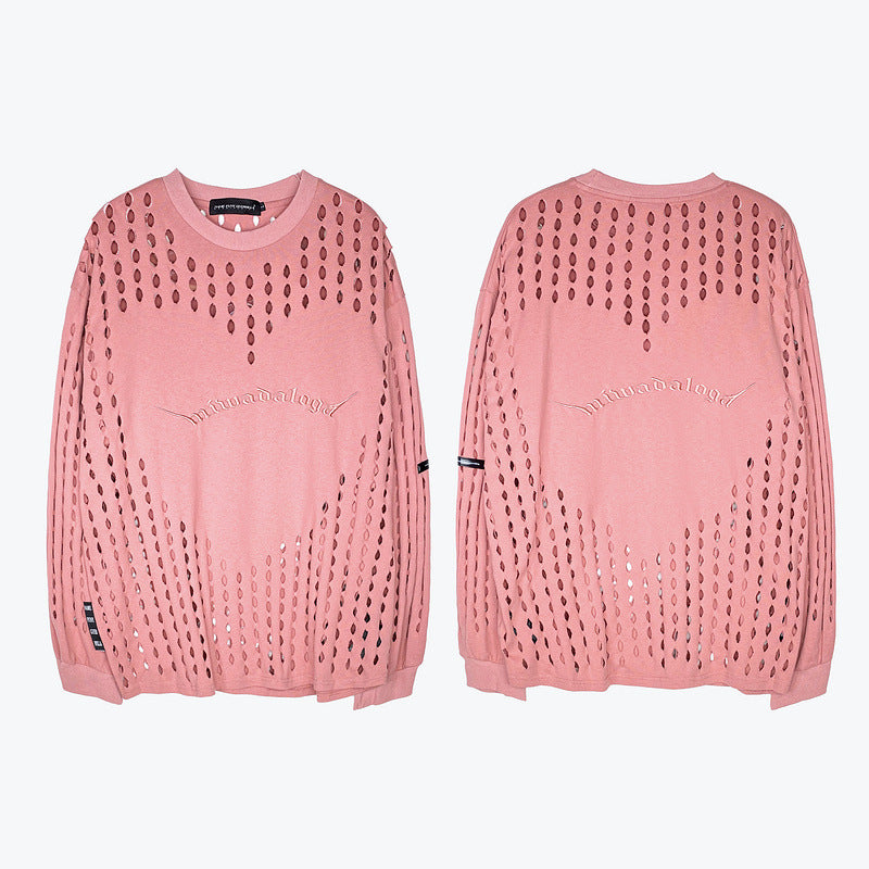 Mens Fall Outfits Retro High Street Heavy Industry Love Heart Loose Hole Long Sleeve T-shirt Couple's Tops