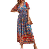 Emery Rose Dresses Cotton Printed Bohemian Dress Short Sleeve Maxi Dress