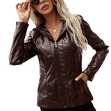 Cute Leather Jacket Hooded Long-Sleeve Zipper Solid Color Jacket Coat for Women