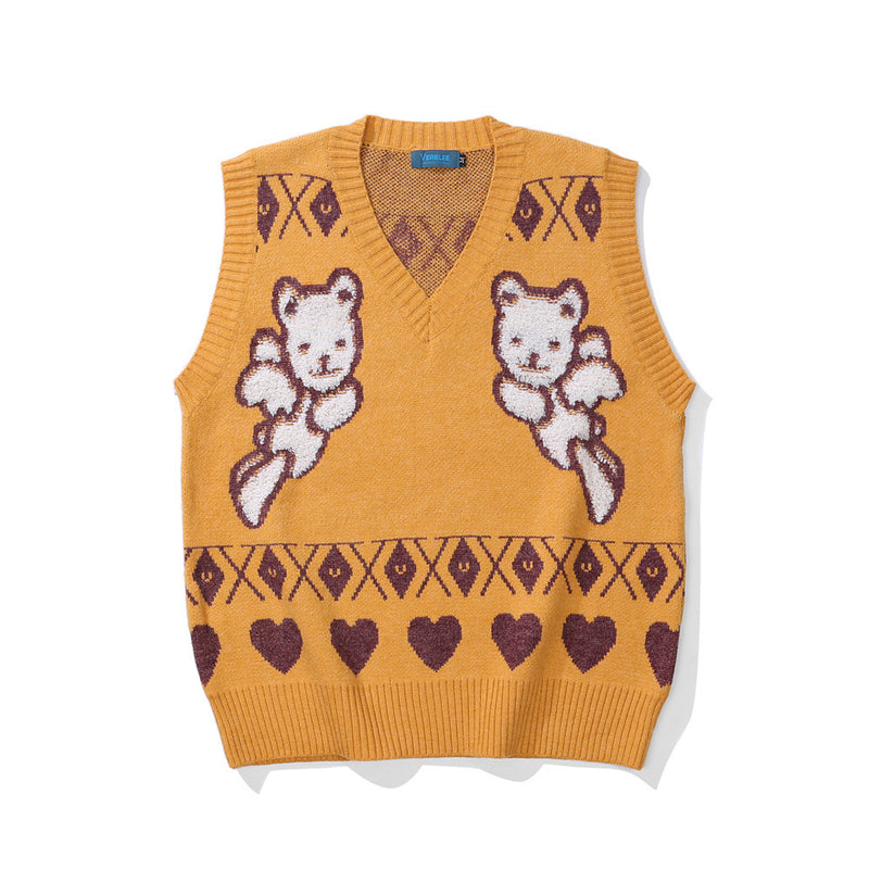 Men Sweater Vest Cartoon Embroidered Knitwear Vest Loose V-neck Sleeveless Sweater BF Idle Style Vest