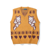 Men Sweater Vest Cartoon Embroidered Knitwear Vest Loose V-neck Sleeveless Sweater BF Idle Style Vest