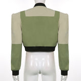 Green Cropped Varsity Jacket Colorblock Baseball Uniform Zip Jacket
