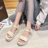 Women Open Toe Sandals Flats Summer Fashion Pleated Open Toe Ankle-Strap Buckle Roman Sandals