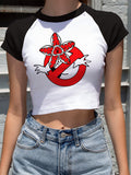 Stranger Things T Shirt Cow Head Print Exposed Navel Black Sleeve Stitching Cartoon T-shirt Sexy