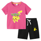 Children Pokemon Pikachu Hoodie T-shirt Shorts Two-Piece Suit Cotton