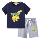Children Pokemon Pikachu Hoodie T-shirt Shorts Two-Piece Suit Cotton