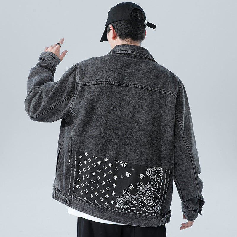 Denim Varsity Jacket Autumn and Winter Paisley Black Denim Jacket Men's Loose Top Jacket