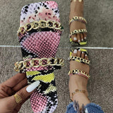 Women Open Toe Sandals Flats Summer Snake Pattern One-Word Metal Chain Sandals for Women