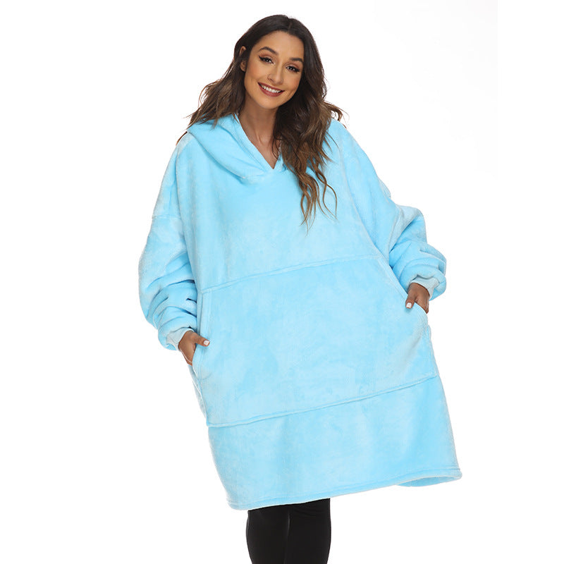 Hoodies Blankets Winter Fleece-Lined Thickened Lazy Blanket Solid Color Large Pocket Home