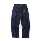 Mens Fall Outfits Retro Heavy Denim Daddy Pants Autumn Dark Blue Loose-Fitting Wide-Leg Trousers Men