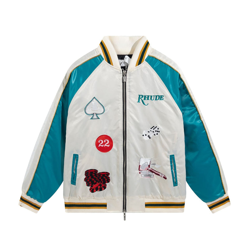 Rhude Hoodie Applique Embroidered Bomber Jacket for Men and Women Same Style Zipper Cardigan Outerwear