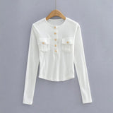 Women Fall Fall Fall Four Colors Gold Buckle Pocket Long Sleeve T-shirt Slim Fit Top