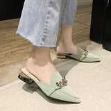 Finn Chain Pointed Toe Mule Spring Closed Toe Half Slippers Women's Low Heel Pointed-Toe Mules Shoes