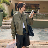 Cute Leather Jacket Green Stand Collar Retro PU Leather Coat Women's Spring and Autumn