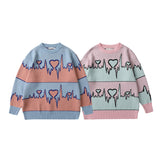 Mens Fall Outfits High Street Style Couple Wear Loose Contrast Color Love Striped Sweater