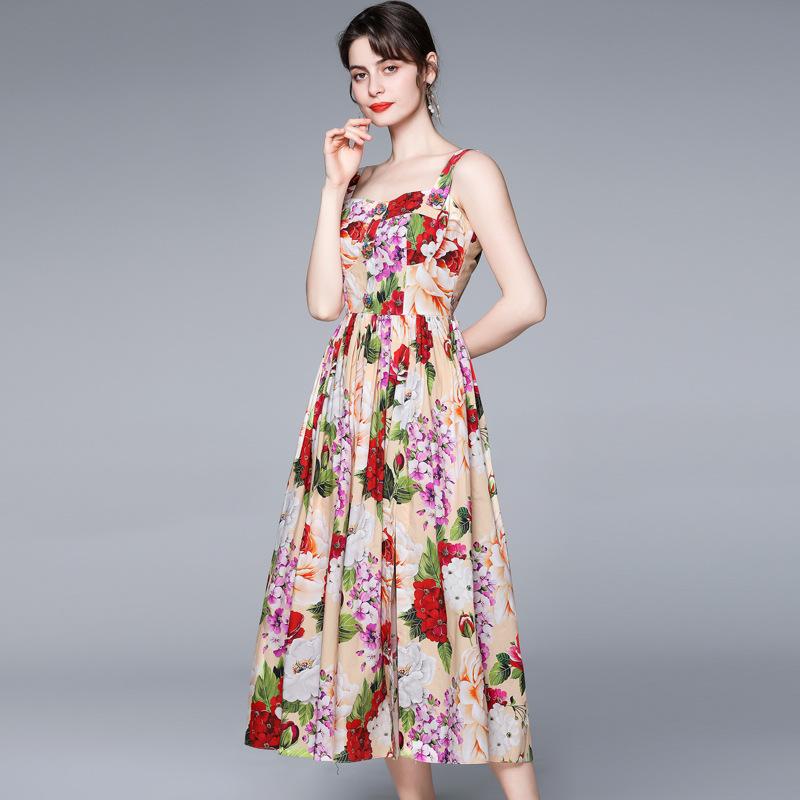 Printed Dress Summer Floral Halter Skirt Travel Vacation Beach Dress Flower Print Cottagecore Aesthetic Dress
