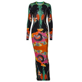Nina Parker Graffiti Dress Slim-Fit Long Sleeve Temperament Long Dress