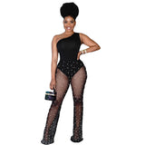 See through Pants Suit Women's Clothing Sexy Sheer Mesh White Dot Printed Milk Silk Black