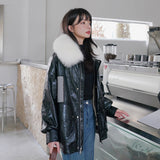 Cute Leather Jacket Parka Cotton-Padded Coat Women's Winter Small Rabbit Fur Liner Fleece Plaid Patchwork Cotton-Padded Jacket Coat
