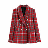 90s Fashion Vintage Tweed Color-Contrast Check Mid-Length Suit Coat Spring And Autumn Suit