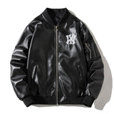 Graphic Leather Jacket Women's Spring and Autumn Air Force Flight Suit Leather Men's Baseball Collar PU Leather NY MLB Couple Jacket