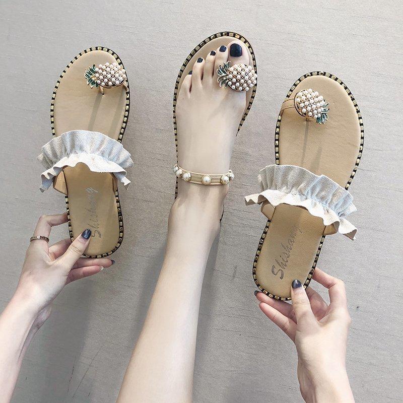 Women Open Toe Sandals Flats Pineapple Summer Pearl Rivets Flat Toe Ring Slippers
