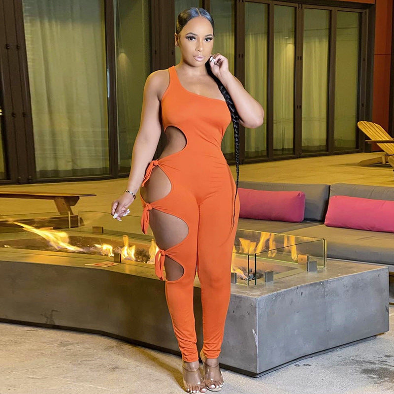 Summer Irregular Sexy Hollow-out One-Shoulder Strap Tight Trousers Jumpsuit