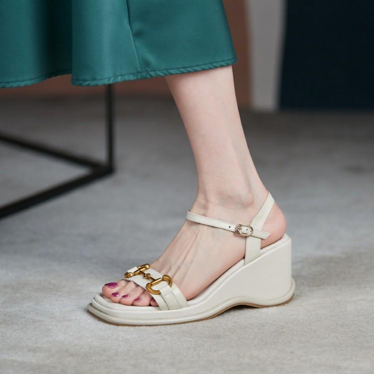 Women Open Toe Sandals Flats Metal Fastener Square Toe Wedge Sandals for Women