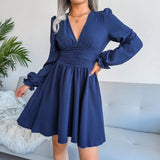 Winter Formal Dresses Autumn Winter Sexy V-neck Tight Waist Chiffon Pleated Dress