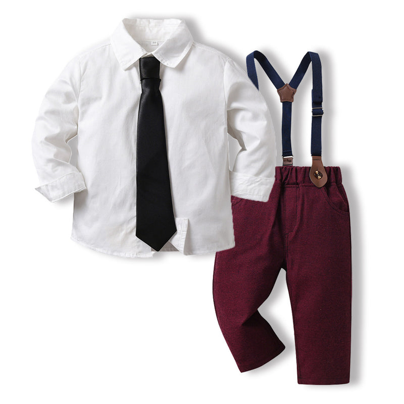 Children Boy Formal Shirt & Suspender Pants 2 Piece Set Children Fall Lapels Long Sleeve Pure