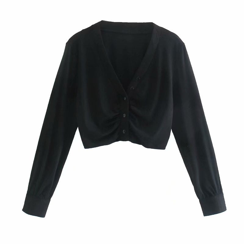 Women Fall Outfits Fall V-neck Knitted Top Single-Breasted Short Solid Color Cardigan