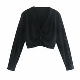 Women Fall Outfits Fall V-neck Knitted Top Single-Breasted Short Solid Color Cardigan
