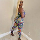 Tie-Dyed Printed Irregular One-Shoulder Long Sleeve Sexy Tight Trousers Jumpsuit