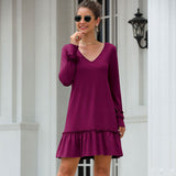 Mauve Dressv Collar Ruffled Stitching Dress