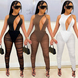 Party Pants Suits Sexy Nightclub Solid Color Sleeveless Mesh See-through Jumpsuit