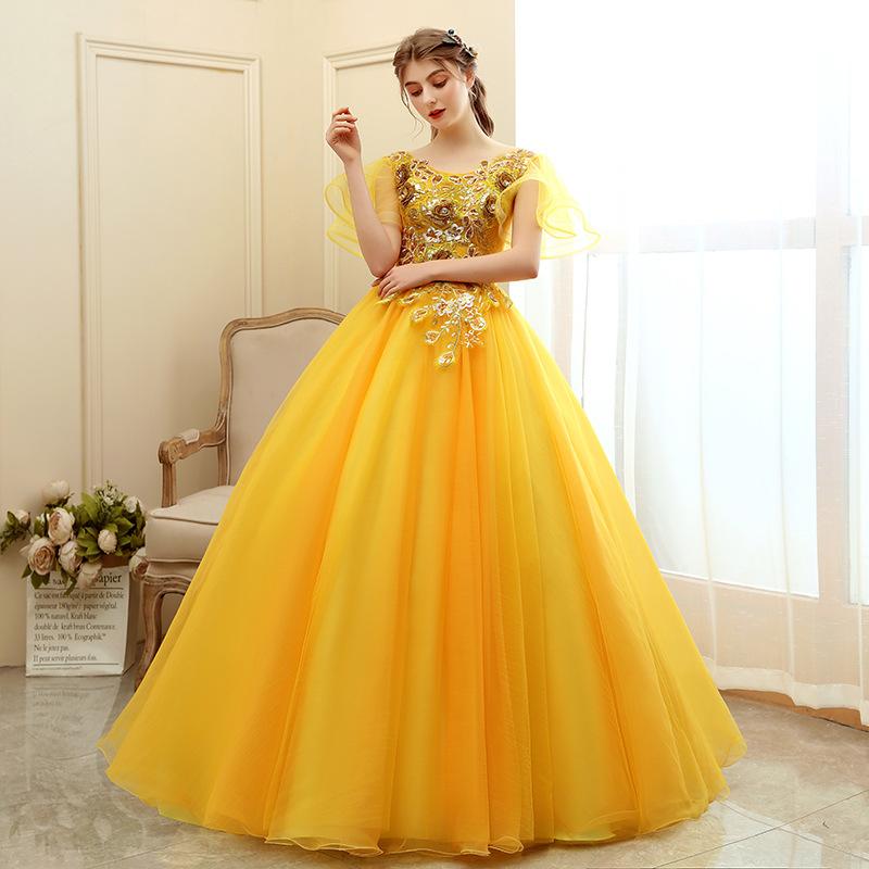 Women's Evening Dress Ball Gown Princess Quinceanera Wedding Dresses Golden Evening Dress Banquet Long Performance Dress Pettiskirt