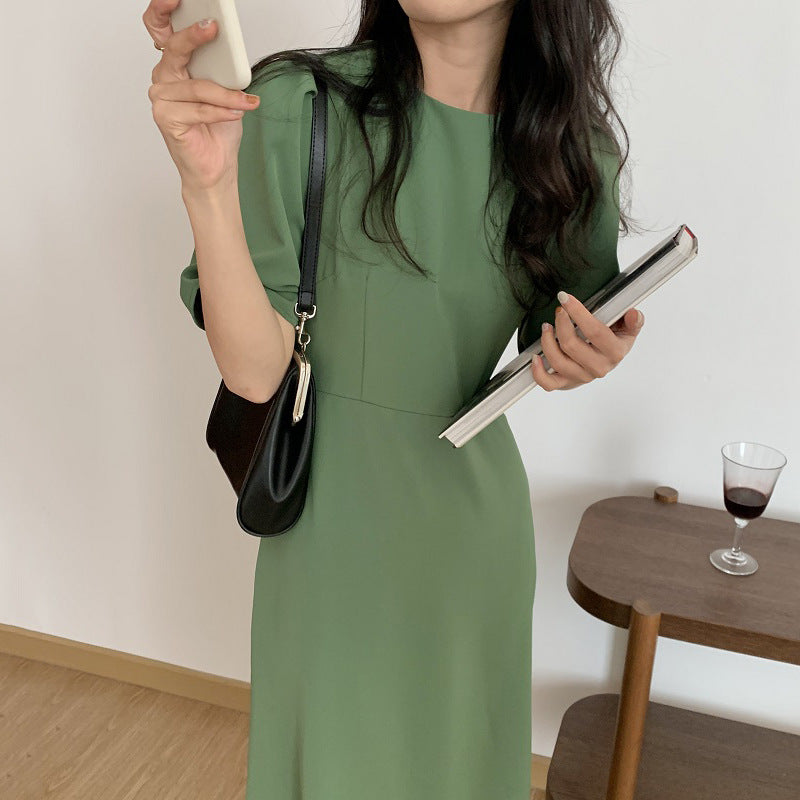 Burnt Orange Dress Summer Candy Color Skin Slimming round Neck Tied Waist Trimming Loose Puff Sleeve Midi Dress