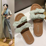 Women Open Toe Sands Flats Summer Plaid Bow Word Fashion Flat-Heeled Slippers