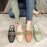 Finn Chain Pointed Toe Mule Heel-Free Square Toe Half Slippers Metal Buckle Thick Heel Toe Box Lazy Shoes