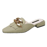 Finn Chain Pointed Toe Mule Closed Toe Half Slippers Women's Summer Outer Wear Pointed Toe Women's Shoes Chunky Heel