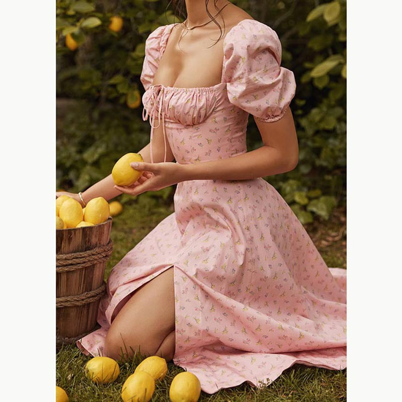 Pink Milkmaid House Of Cb Tallulah Garden Party Cottagecore Aesthetic Fairycore Dresses Princess Sleeves Split Chiffon Floral Dress