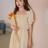 Women Cottagecore Dress Platycodon Grandiflorum Light Yellow Elegant Dress Summer