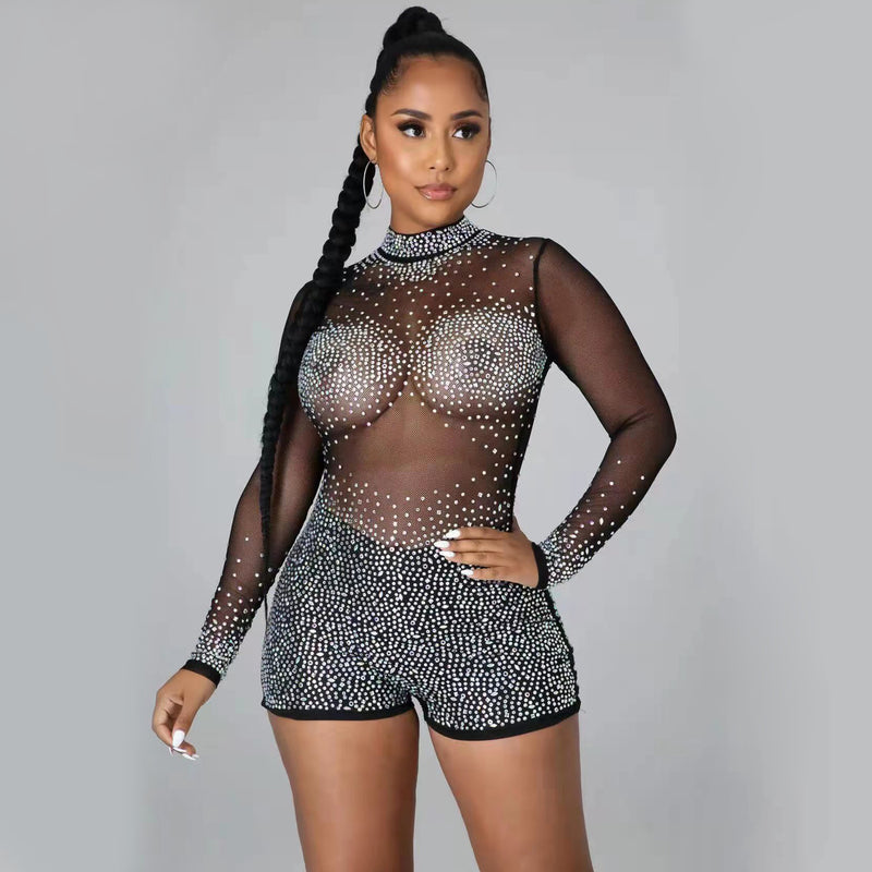 See through Pants Suit Fashion Sexy round Neck Long Sleeve Nightclub Party Hot Drilling Jumpsuit
