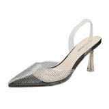 Nude Block Heels Closed Toe Transparent Rhinestone Sandals